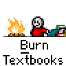 Animated contact sheet showing 11 sequential frames of a pixel art icon depicting a stick figure burning textbooks with flames and smoke.