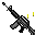 Pixelated black-and-white animated figure holding a long object with yellow cylindrical elements, shifting pose across frames.