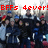 Group of people in dark clothing with red accents posing outdoors under trees, text overlays reading "BFFs 4ever!" and "BFFs 4 Life!" in red pixelated font.