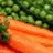 Pixelated image of green peas and orange carrots on an orange background with green text reading "We wus like" and "Peas & Carrots Again! ~Forrest Gump".