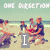 Pixelated beach scene with people sitting on sand, overlaid text "ONE DIRECTION" and a large gray "I" icon.