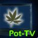 Six identical frames of a small digital icon showing a brown cannabis leaf on blue background with green text below.