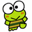 Pixelated green frog-like character with large white eyes and black pupils, holding a striped object against a white background.
