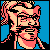 Pixelated static icon of a stylized character with pink and beige tones against blue background, featuring exaggerated facial features and flowing hair-like shapes.