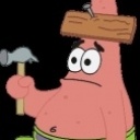 Static cartoon image of a pink starfish character holding a hammer with a wooden plank nailed to its head against black background.