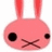 Pink bunny head with red ears, black eyes, and brown X-shaped mouth on white background.