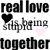 A 50x50 pixel animated contact sheet showing two frames of a text-based buddy icon with repeating phrases and heart symbols on a gray background.