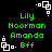Green text on black background with white pixel-art corner elements, displaying names and 'Bff' in a