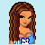Pixel art contact sheet showing a female character with brown hair, blue crop top, and jeans alongside rock formations and text elements in various animation frames.