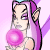 Animated contact sheet of a pixelated faerie character with purple hair and pointed ears blowing a large pink bubble, displayed across five frames on a light purple background.