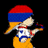 Pixelated character with red and blue headband, yellow hair, white shirt with blue and red details, orange pants, holding a red and blue object against black background.