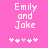 Pixelated text 'Emily and Jake' on pink background with white and light pink symbols below, showing animation change in symbol positions.