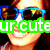 Pixelated image of a person wearing blue sunglasses and a green banner with white text reading 'urCute' across the face.