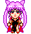 Pixel art character with pink hair and cat ears in three of two, wearing black and red outfit with red eyes and changing mouth expressions
