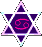 A star-shaped icon with a purple background and white outline containing a stylized crab symbol in various colors