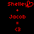 Red pixelated text and symbols on black background showing 'Shelley + Jacob = <3' with a heart symbol replacing the 'y' in Shelley.