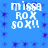 Blue background with white pixelated text reading 'missa ROX sox!!' repeated in four identical quadrants, each surrounded by small dark blue star-like patterns.