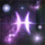 Pixelated static icon depicting a glowing white Pisces zodiac symbol against a dark purple and blue cosmic background with scattered light orbs.