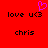 Red background with black text 'love u<3' and 'chris', a purple pixelated heart above the left 'u<3'.