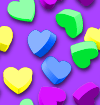 Static image of colorful heart-shaped icons scattered on a purple background with no visible text or additional elements.