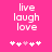 Pixelated text 'live laugh love' in white on bright pink background with five small icons below.