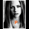 A grayscale portrait of a person with long hair, overlaid with text in various colors