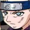 Anime-style close-up of a character's face with a blue headband featuring a silver metal plate with a spiral symbol and small dots.