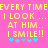 Yellow pixelated text on pink background reads 'EVERY TIME I LOOK ... AT HIM.. I SMILE!!' with blue and purple star symbols below.