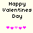 Pixelated text reads 'Happy Valentines Day' above five pink heart icons on a light background, with one heart changing color between frames.