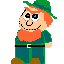 Pixelated cartoon character with orange hair and beard, green hat and tunic, brown shoes, black belt with yellow buckle; six variations show different arm poses.