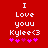 Red background with white pixelated text reading "I Love youu Kylee<3" and five pink hearts below, showing heart animation