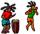 Animated pixel art of a figure with dark dreadlocks playing maracas and a conga drum, cycling through red-shirted teal shorts and green-shirted orange shorts poses.