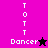 A split-screen animation shows four variations of a 'Dancer' icon with vertical 'TOTT' text, featuring black and pink stars on magenta and purple backgrounds.