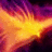 A static pixelated image featuring a central bright yellow-orange burst radiating outward with surrounding purple and red hues on a dark background.