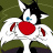 Pixelated cartoon character with black and white fur, blue eye, red nose, and green background in a 48x48 static icon format.