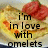 Animated sequence showing a heart-shaped omelet with tomato slices, displaying changing text about loving omelets.