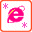 Pixelated pink 'e' icon with yellow arc and white ring, surrounded by pink starbursts on white background with orange lines
