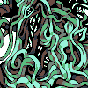 Pixelated abstract composition of swirling green and brown shapes with white accents on a black background.