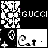 black-and-white pixelated icons featuring repeated 'GUCCI' text and stylized swirls with evolving heart symbols