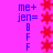 A static image with a bright pink background displays vertical blue text and red star-like symbols
