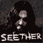 Animated contact sheet of seven frames showing a band's members with repeated text "SEETHER" below each frame in pixelated white font on dark background.