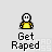Pixelated character in yellow shirt with multiple poses and repeated 'Get Raped' text below each frame.