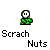 Pixelated character with white face and green patterned clothing, static pose with text "Scrach Nuts" below, gray background.