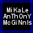 Pixelated text displays 'MiKaLe AnThOnY MeGi Nnls' in white on black background with blue lines, two identical frames side-by-side