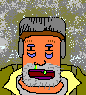 Pixelated cartoon character with orange face, gray beard, and brown hair under gray cap; mouth opens from closed to wide in