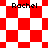 Red and white checkered pattern with four instances of the text 'Rachel' in black pixelated font across different sections.