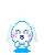 Pixel art contact sheet of four animated frames showing a white winged character with pink cheeks and blue accents in various poses against gray background.