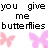 Static pixel art icon featuring black text and pink butterflies on a white background with visible dithering effects.