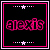 A black square icon with pink and white borders displays the word 'alexis' in pixelated pink text, surrounded by star-shaped dots.