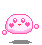 Pixelated pink and white character with heart-shaped cheeks, multiple expressions, floating pink hearts, and small square particles against gray background.